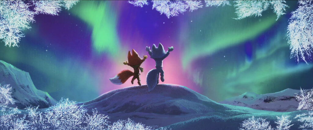 Two animated Arctic Justice animals on snowy hilltop watching vibrant northern lights at night Wallpaper
