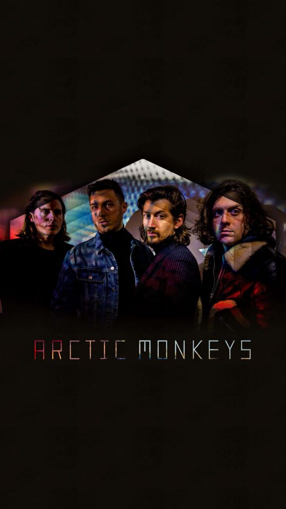 Arctic Monkeys band portrait with Alex Turner Matt Helders Jamie Cook Nick O'Malley dark background wallpaper