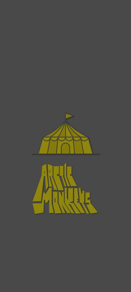 Minimalist Arctic Monkeys circus tent logo wallpaper with bold yellow text on dark background