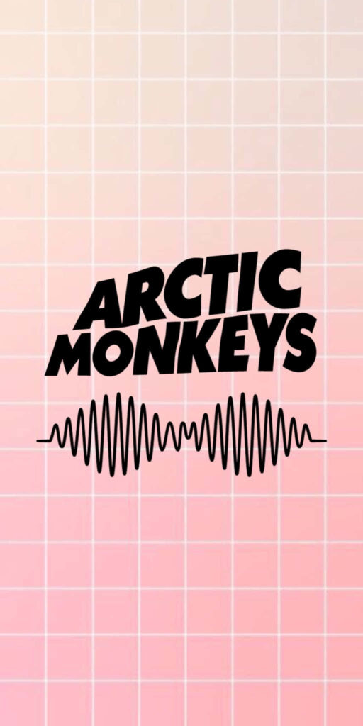 Arctic Monkeys logo in bold black with wavy line on pink gradient grid wallpaper background