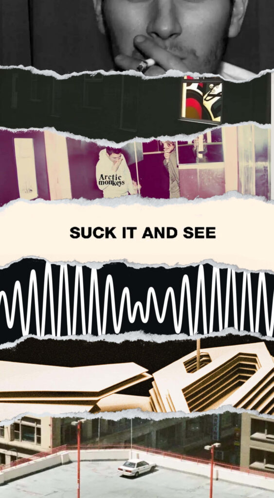 Creative Arctic Monkeys Suck It And See collage wallpaper with torn layers and rock visuals