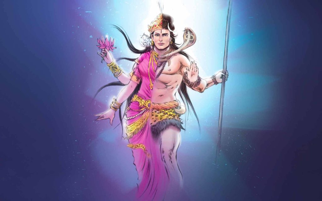 Ardhanarishvara digital art wallpaper glowing blue aura Shiva Parvati divine unity cosmic harmony