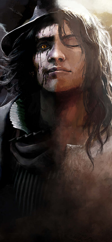 Portrait of Final Fantasy XV's Ardyn Izunia, showcasing his captivating long black wavy hairstyle in a stunning backdrop Wallpaper