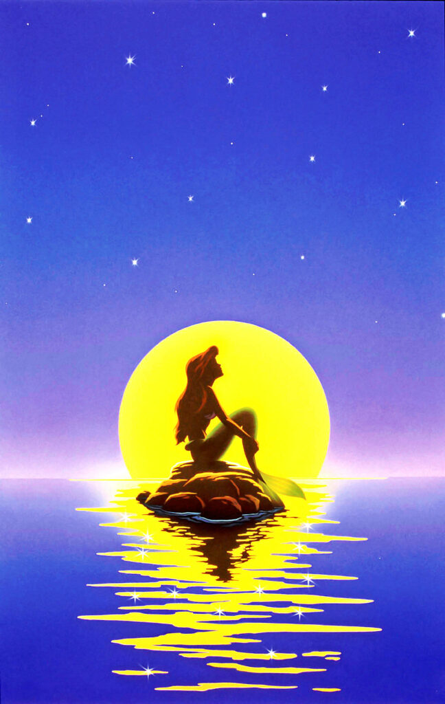 Ariel Disney Princess sitting on rock at golden sunset over calm ocean serene magical wallpaper