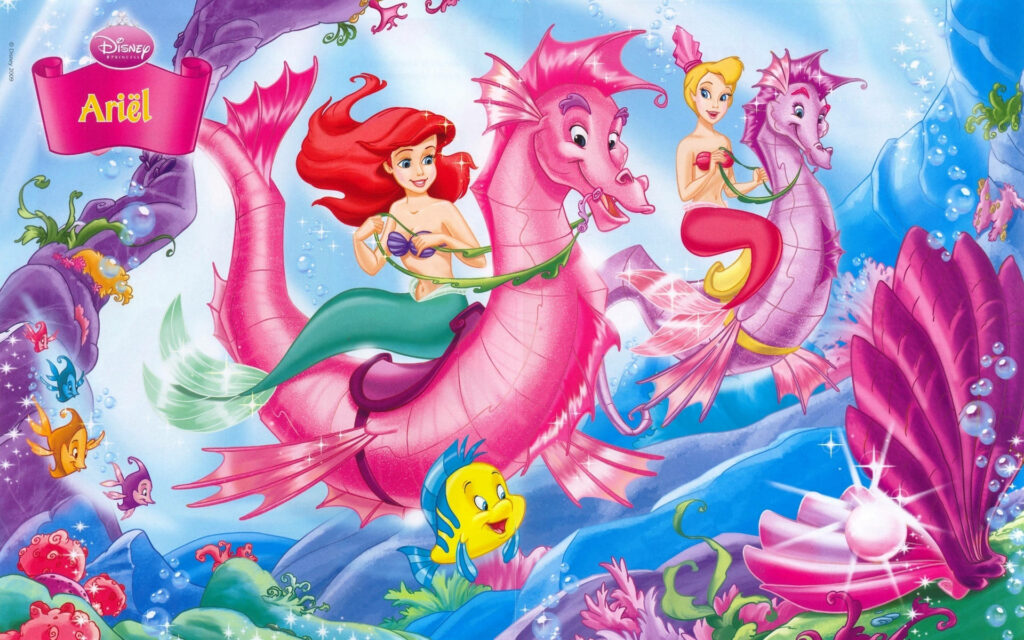 Ariel and friend riding vibrant pink seahorses surrounded by colorful sea life underwater Wallpaper