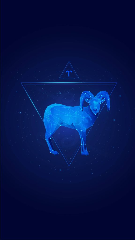 Aries constellation wallpaper with blue geometric ram glowing triangle cosmic zodiac design