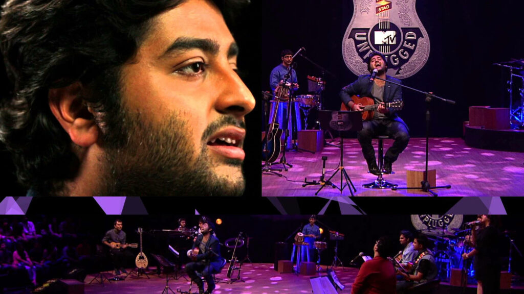 Arijit Singh live performance collage soulful expressions emotional song stage wallpaper background