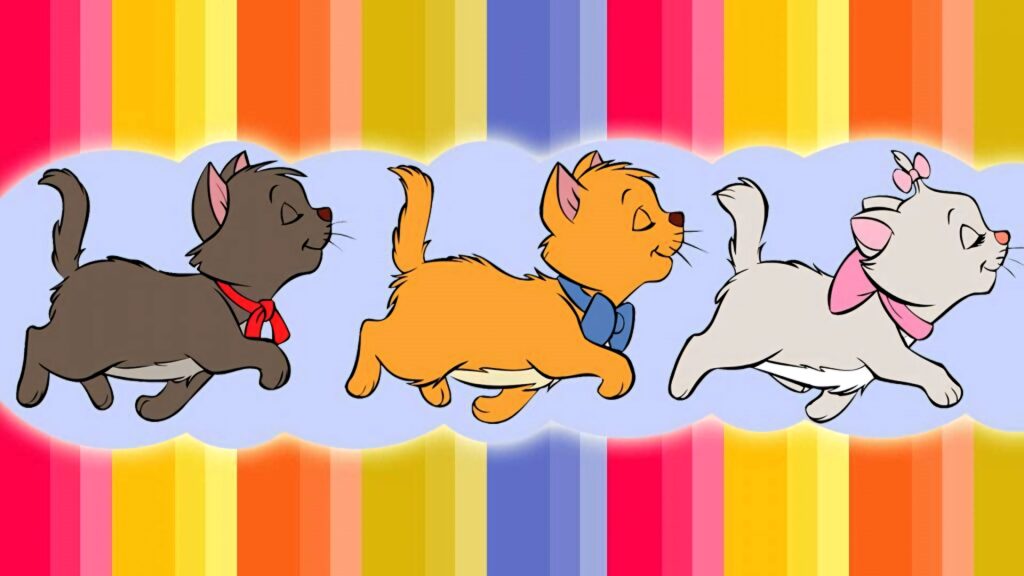 Cute Aristocats baby kittens walking together colorful striped wallpaper background image