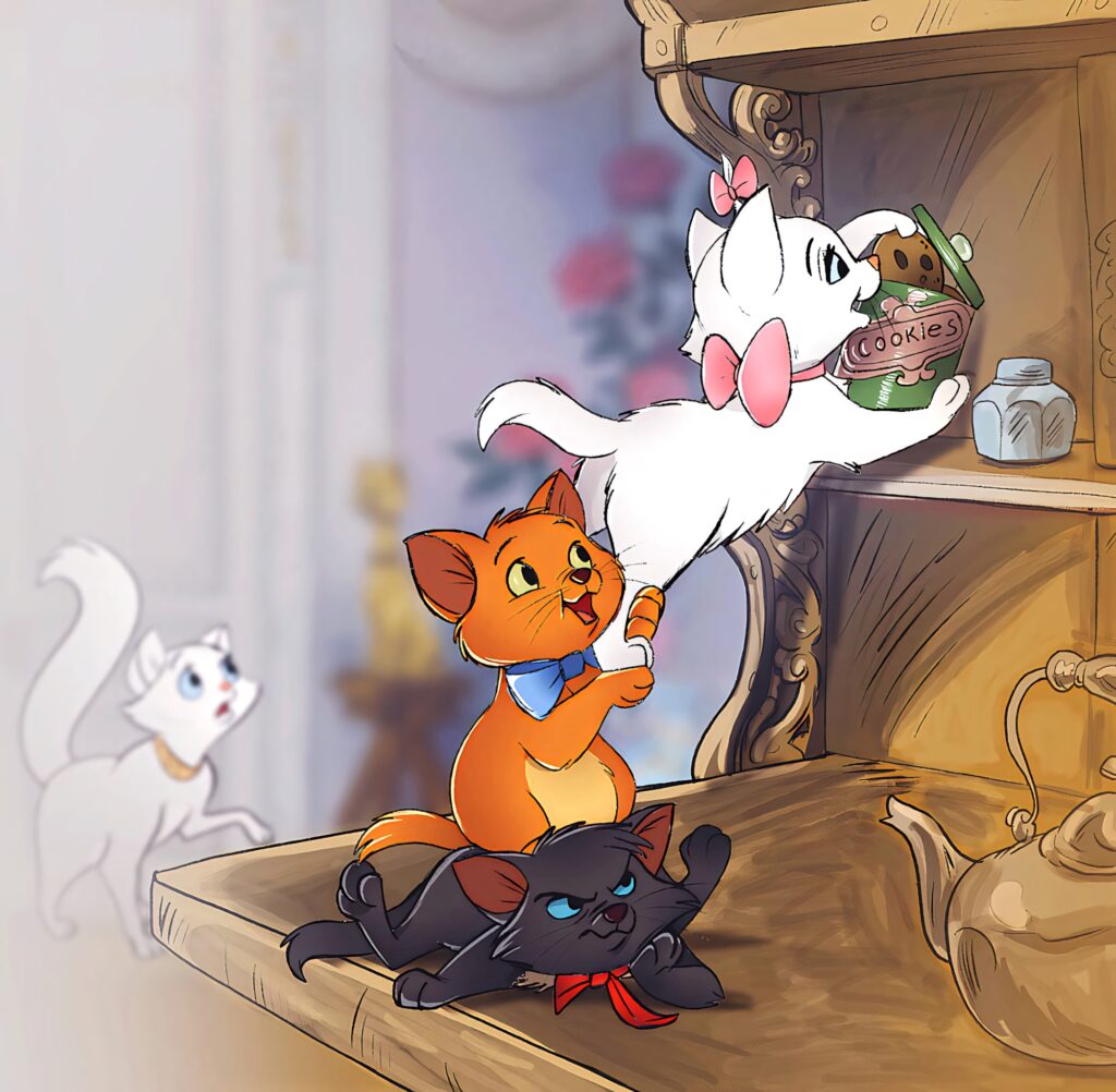 Aristocats kittens playfully reaching for cookies on vintage kitchen shelf charming animated scene Wallpaper