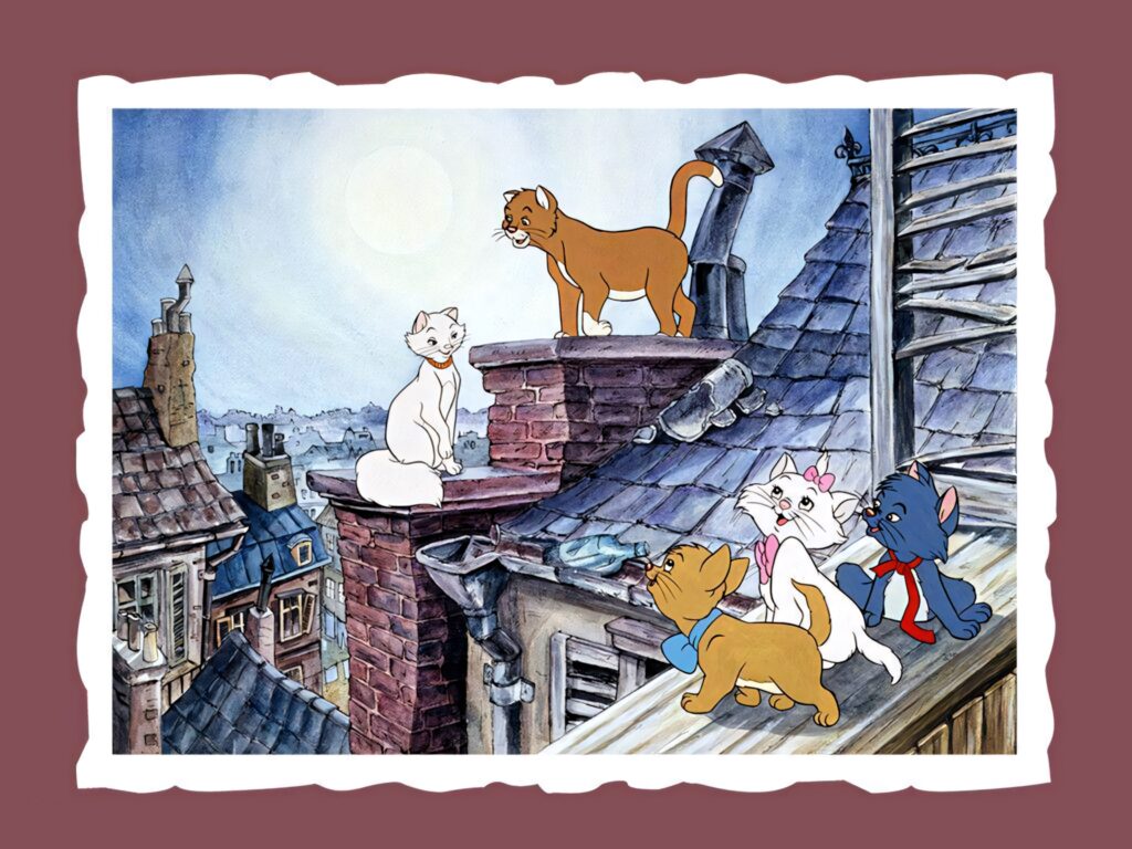 The Aristocats wallpaper with Duchess Thomas OMalley and kittens on Paris rooftop at moonlight