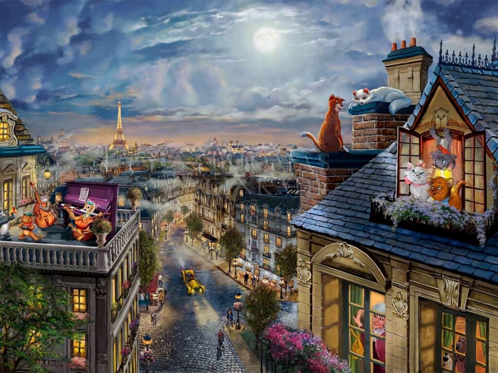 The Aristocats on Paris rooftops under moonlight with Eiffel Tower in magical evening scene wallpaper