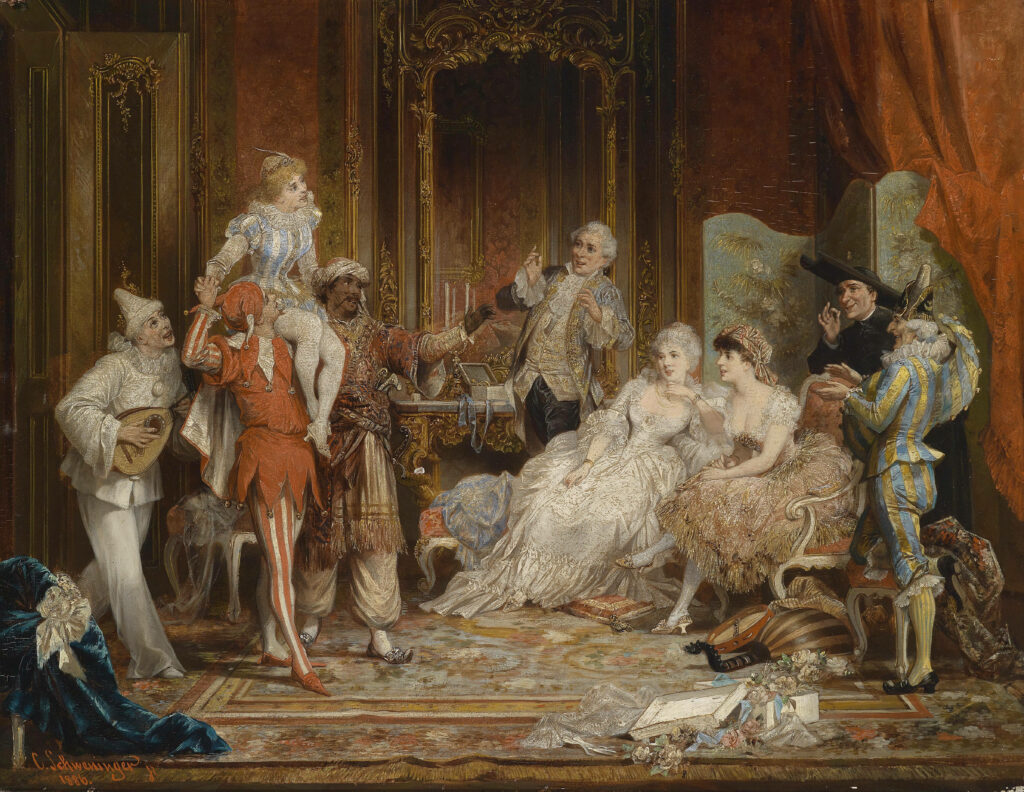 Captivating Renaissance Gathering: Aristocratic Soiree Amidst Lavish Interiors with Performers Wallpaper