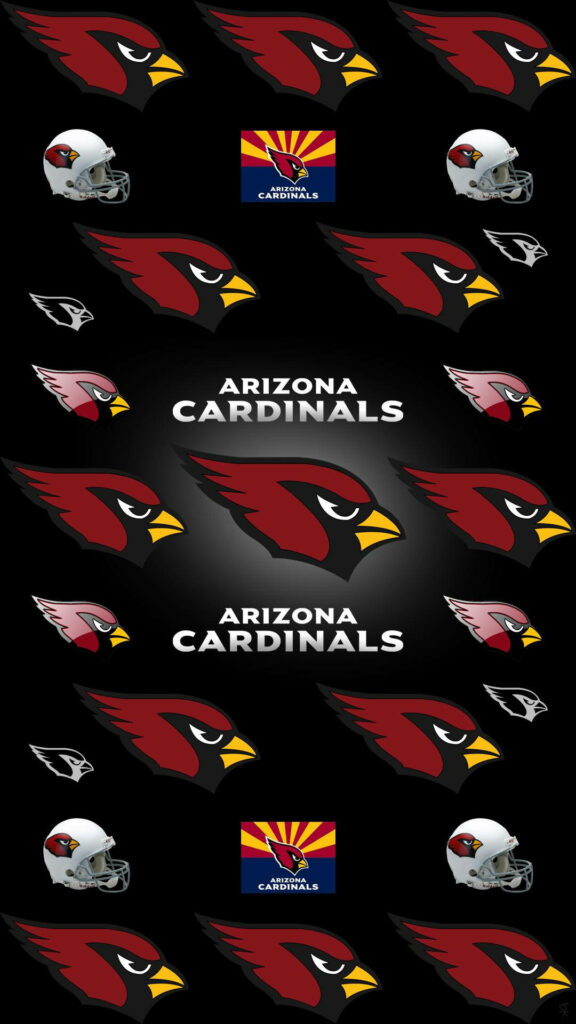 Arizona Cardinals wallpaper with red cardinal heads team helmets and branding on black background