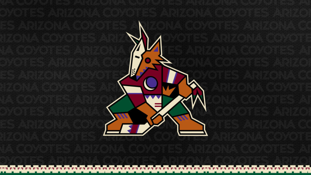 Arizona Coyotes logo wallpaper vibrant colorful design dark textured background repeated text