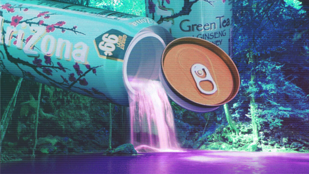 Immersive Oasis: Surreal Arizona Can unveils Cascade in Vaporwave Wonderland Wallpaper