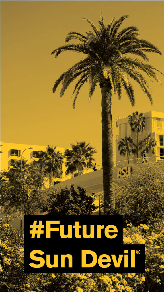 Tall palm tree and ASU campus buildings with greenery and Future Sun Devil text wallpaper background