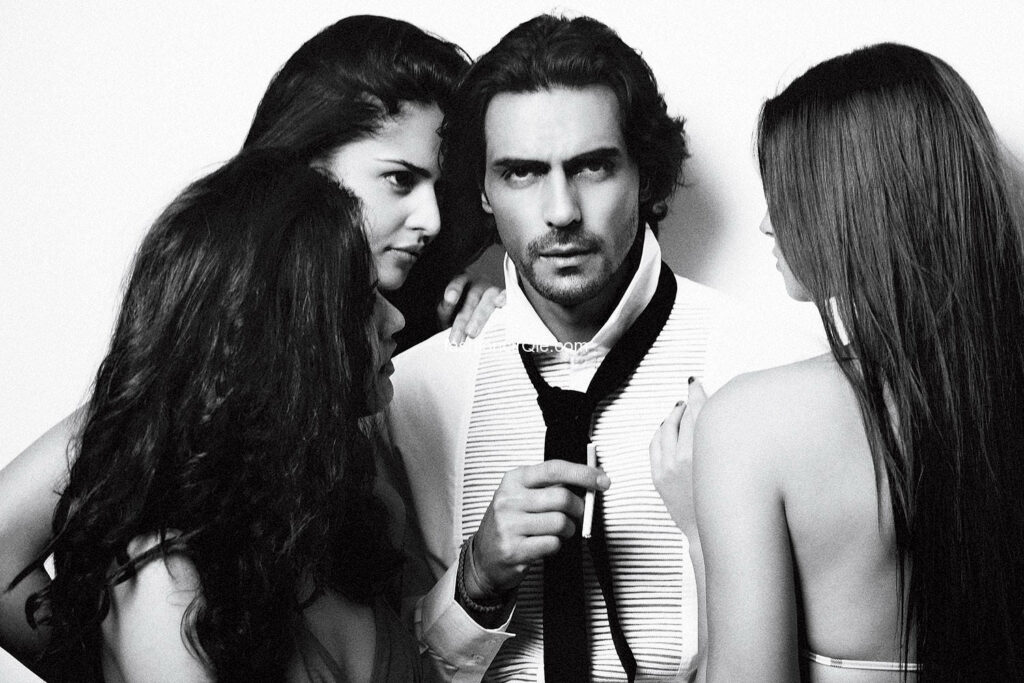 Arjun Rampal in grayscale wallpaper with three glamorous women bold stylish playboy aesthetic