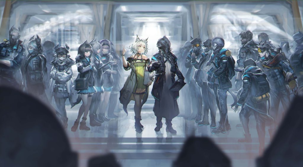 Arknights wallpaper with Kaltsit and Doctor in busy Rhodes Island hallway digital anime art