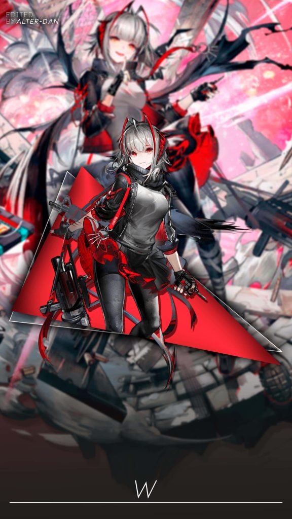 Arknights W operative in black red outfit with white hair dynamic lighting red geometric frame wallpaper