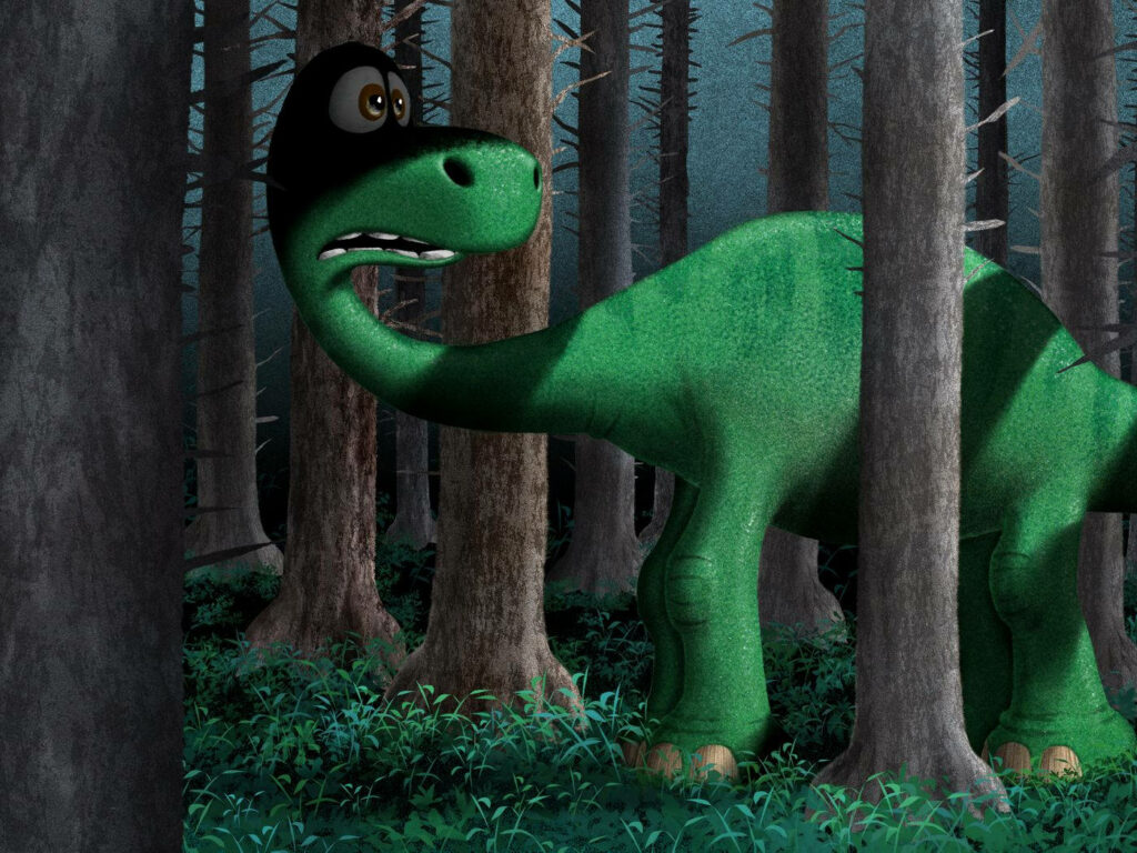 The Good Dinosaur's Tense Moment: Arlo's Shadowed Forest Hideout Wallpaper