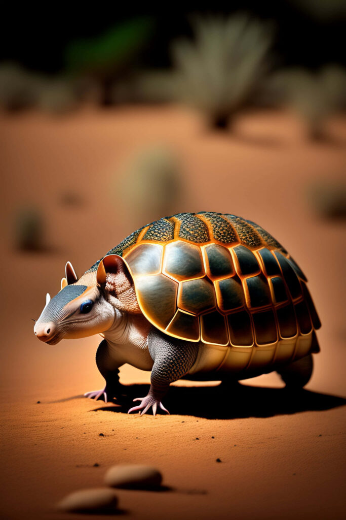 Armored armadillo turtle hybrid with textured shell stands alert on sandy desert background wallpaper