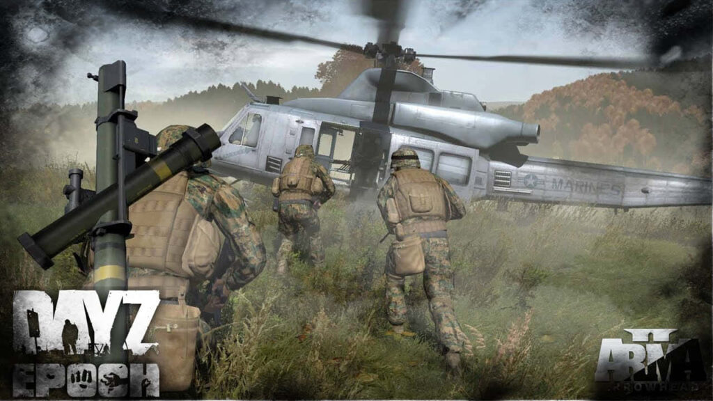 Intense Battle Scene: Armed Fighters Racing Towards Landing Silver Helicopter in DayZ Epoch Mod Preview Wallpaper