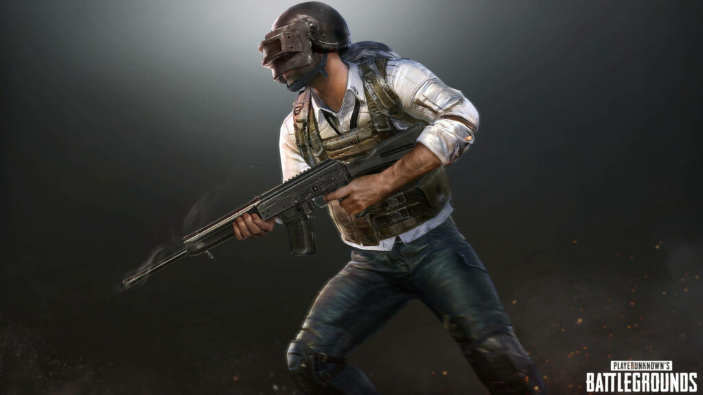 Tactical PUBG warrior in Level 3 helmet aiming rifle smoky background cinematic 3D render Wallpaper