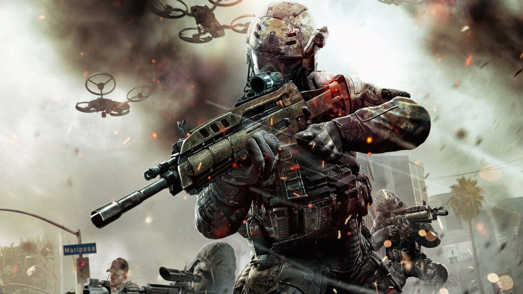 Intense Call of Duty: Black Ops II Soldier in Futuristic Warzone Wallpaper
