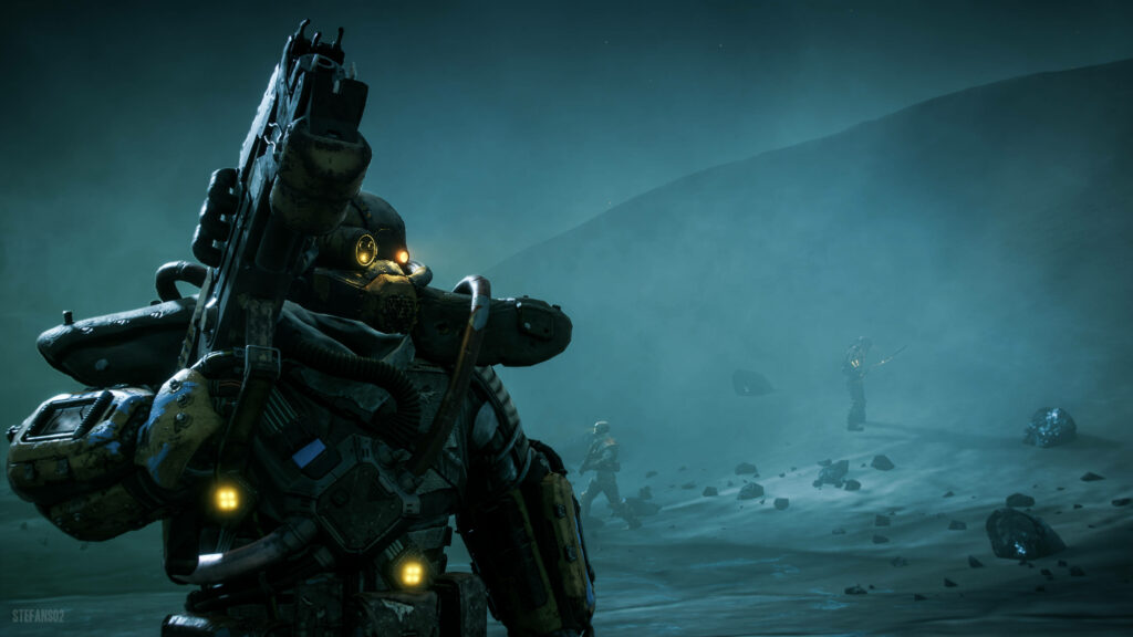 Epic Armored Character Wallpaper: Foggy Gaming Background Design