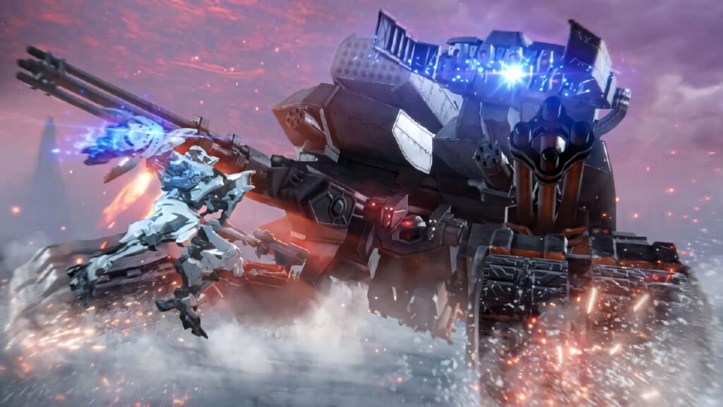 Futuristic Armored Core mech attacking massive tank in fiery battle wallpaper background