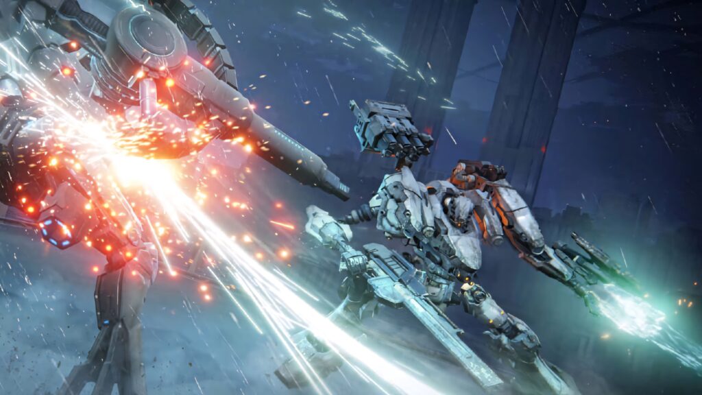 Two powerful Armored Core mechs clash in a rain-soaked battlefield with sparks and beams Wallpaper