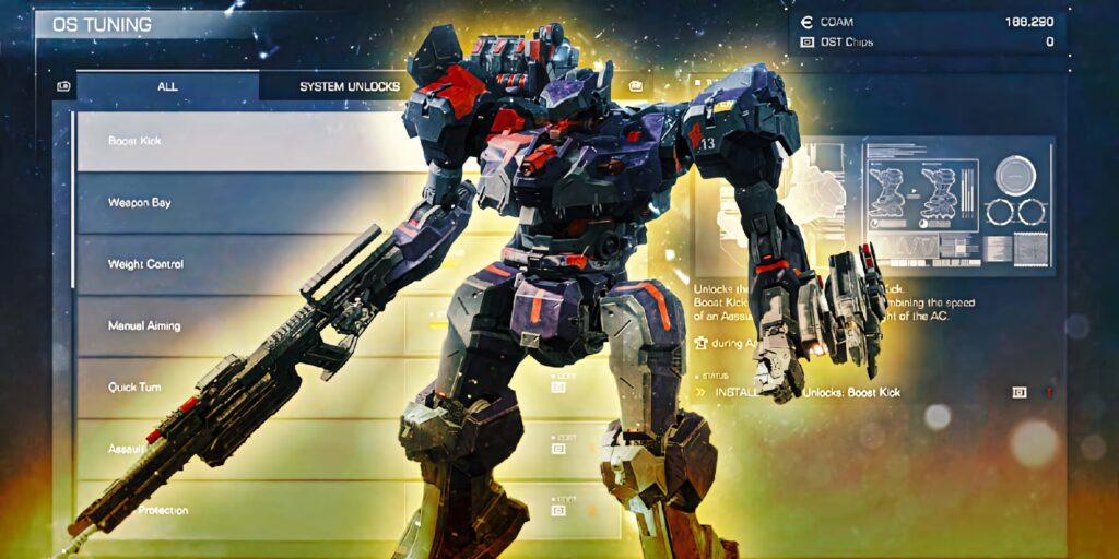 Armored Core mech customizable with weapons and equipment displayed on battle setup screen wallpaper