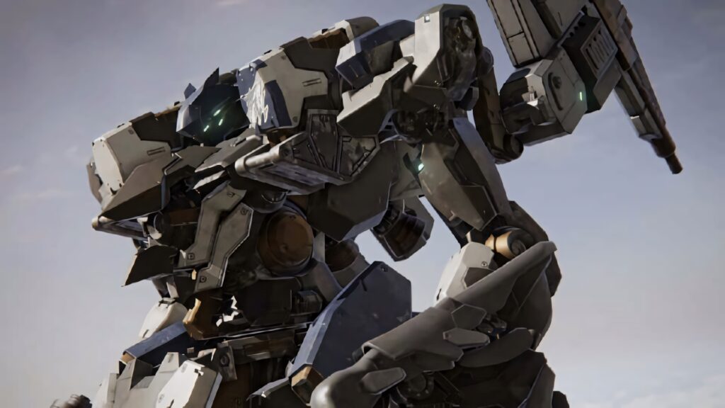 Armored Core mech in power stance with futuristic armor and weapons against pale sky wallpaper