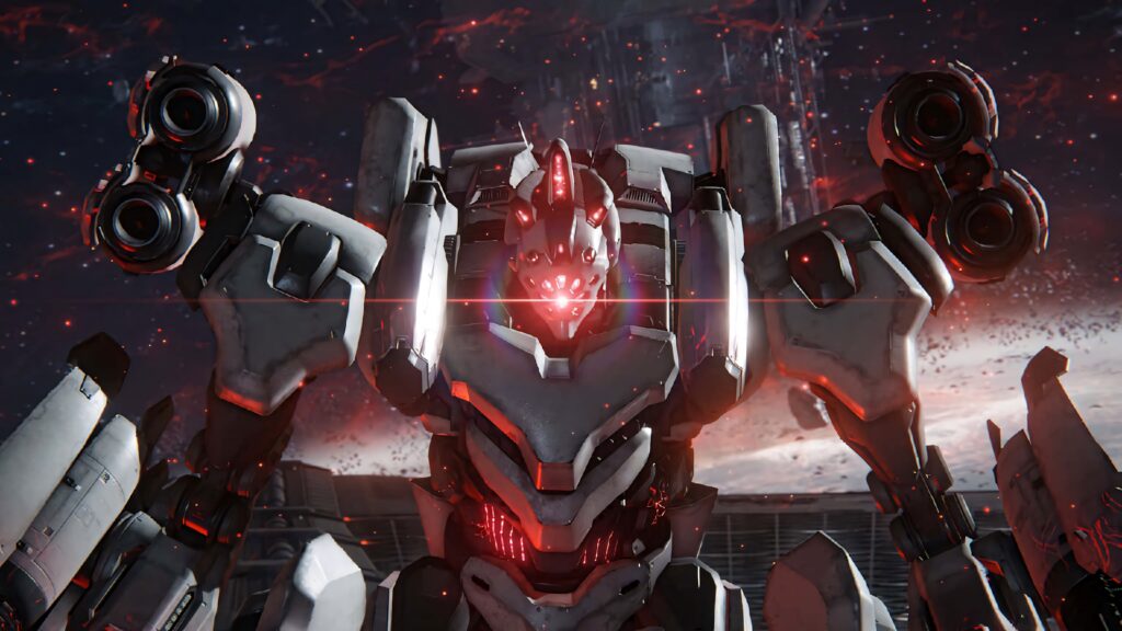 Armored Core mech ready for battle with intense red lights in futuristic sci-fi backdrop wallpaper