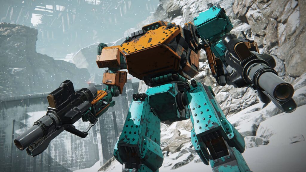 Armored Core mech with teal and orange armor poised in snowy rugged terrain and rocky cliffs Wallpaper