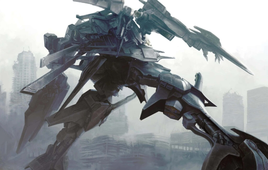 Towering armored mech from Armored Core against misty futuristic cityscape wallpaper background