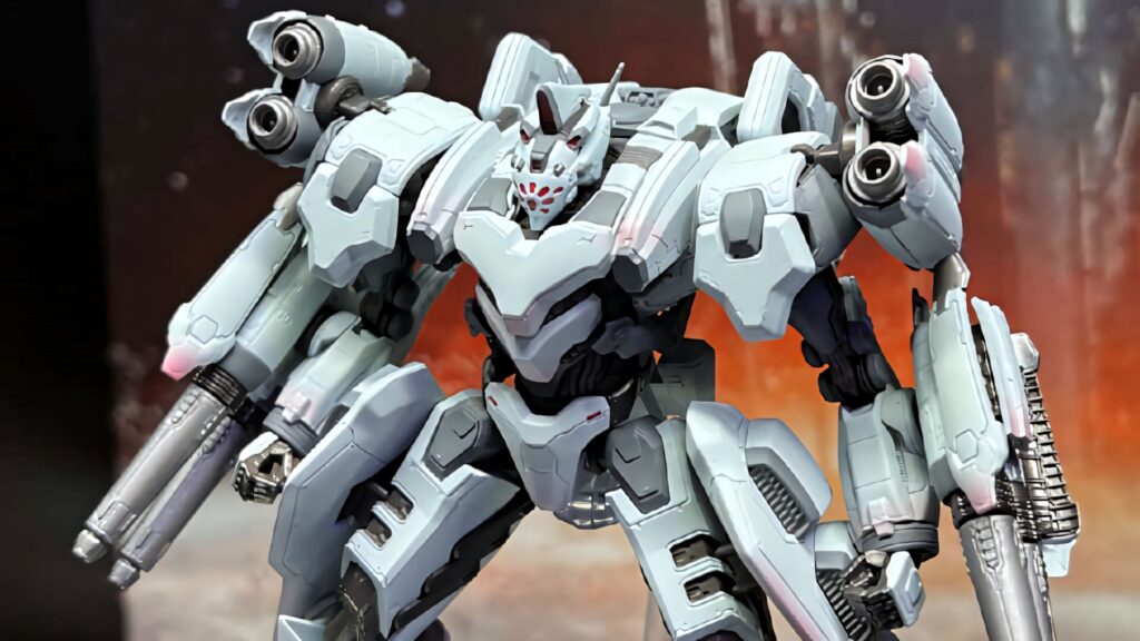 Armored Core mech model with heavy armor and advanced weapons in industrial setting wallpaper
