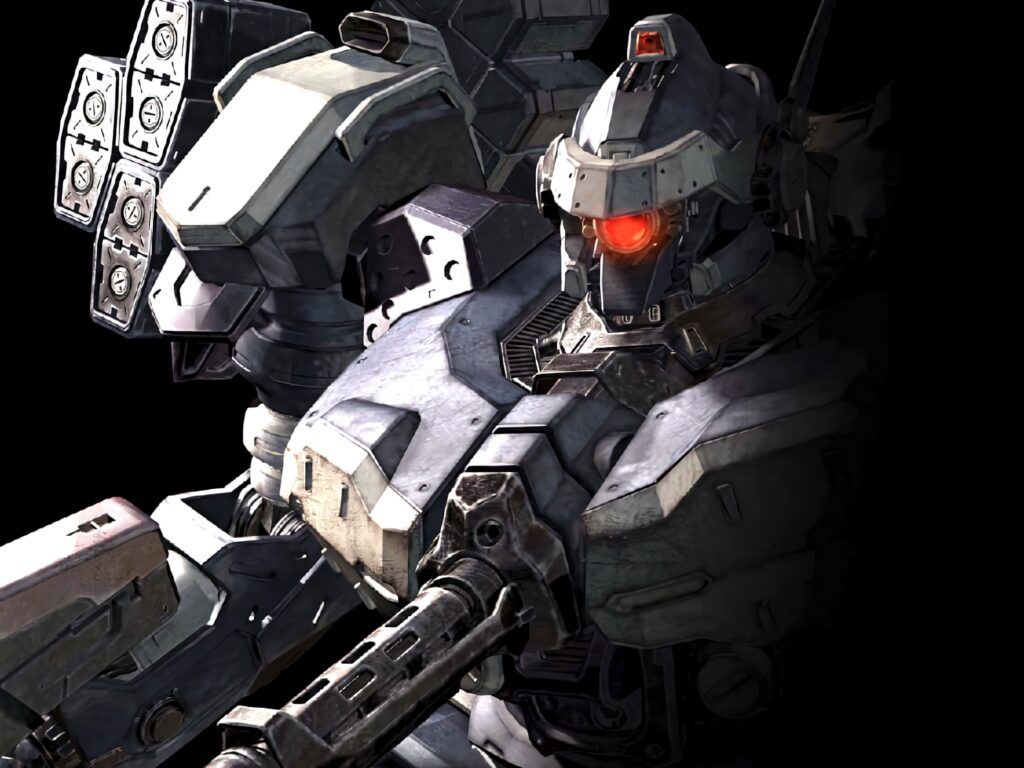 Armored Core mech warrior with glowing red eyes and advanced weapons in futuristic battle scene Wallpaper