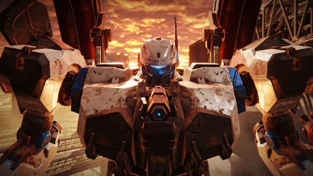 Armored Core mech with glowing blue eyes in detailed armor at dramatic sunset wallpaper background