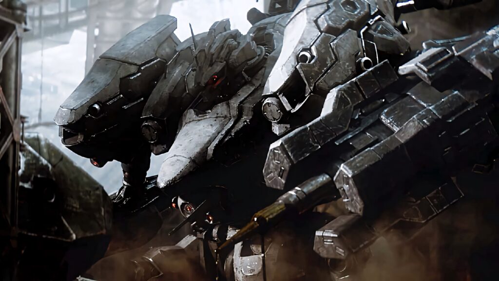 Armored Core mech in dynamic battle scene with detailed armor and mechanical features wallpaper