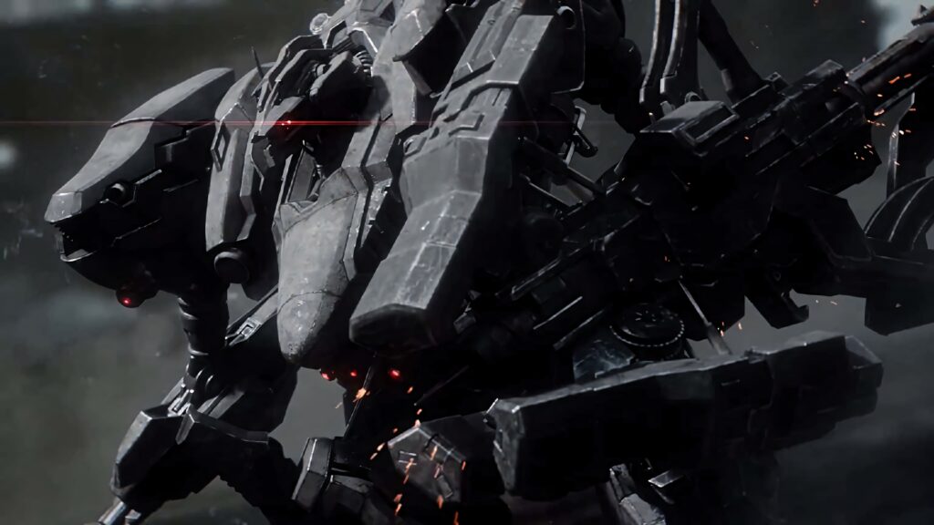 Armored Core mech in dynamic battle pose with detailed armor and advanced weaponry wallpaper