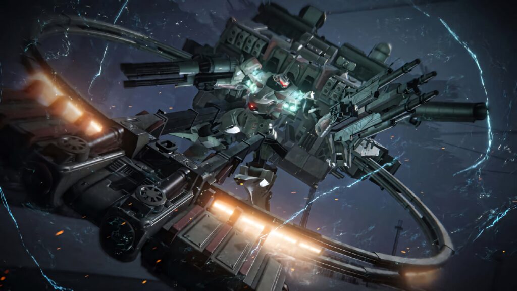 Armored Core mech in deep space battle with energy streaks and heavy futuristic weapons wallpaper