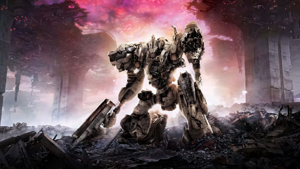 Armored Core mech stands strong amid rubble under dramatic sky post-apocalyptic wallpaper background