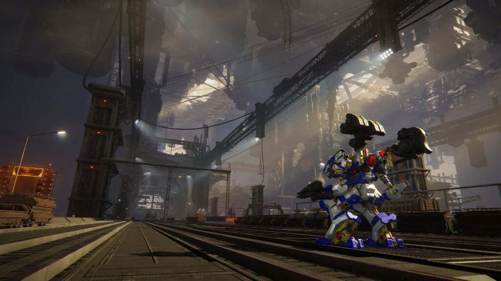 Armored Core mech on industrial platform with towering machinery and dramatic metal structures wallpaper