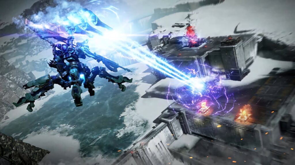 Armored Core mecha unleashing energy attacks in futuristic snowy battle with explosions wallpaper