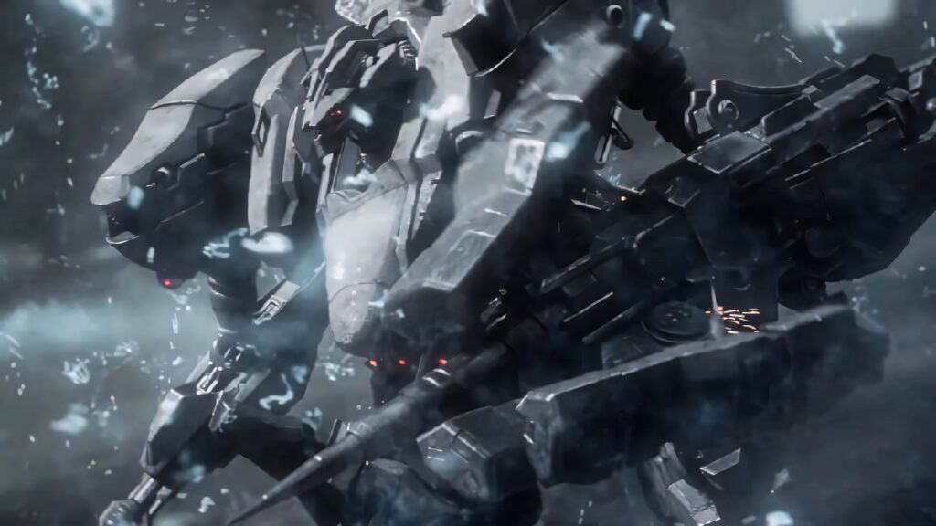 Powerful Armored Core mecha ready for battle with swirling debris and sparks wallpaper background