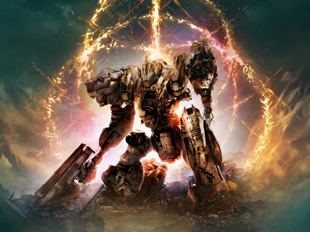 Armored Core mecha in battle stance with swirling energy on a fiery futuristic battlefield wallpaper