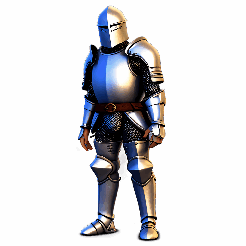 Knight in polished steel armor glowing blue under moonlight against smooth shadowy background Wallpaper
