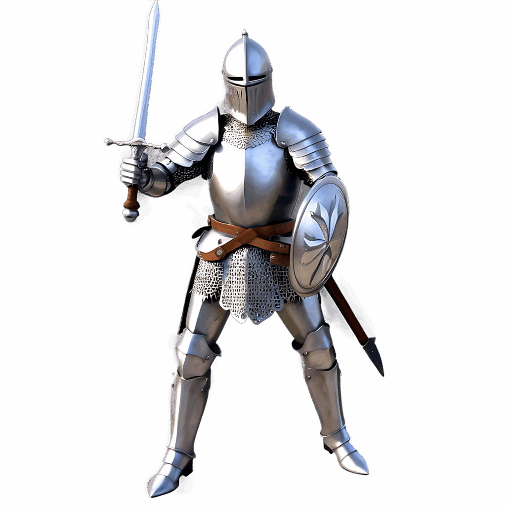 Armored knight holding sword and shield in battle-ready stance on neutral wallpaper background