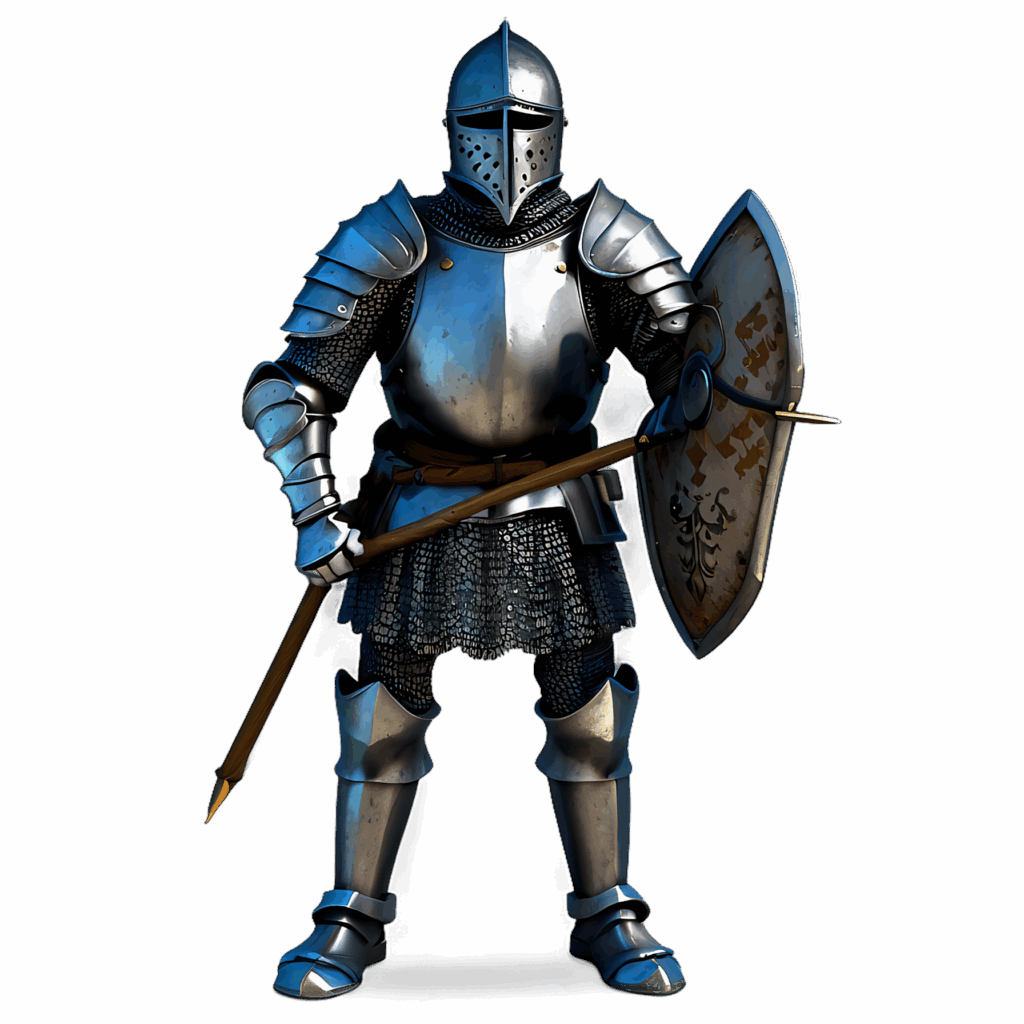 Heavily armored medieval knight holding spear and shield with intricate metalwork on dark wallaper Wallpaper